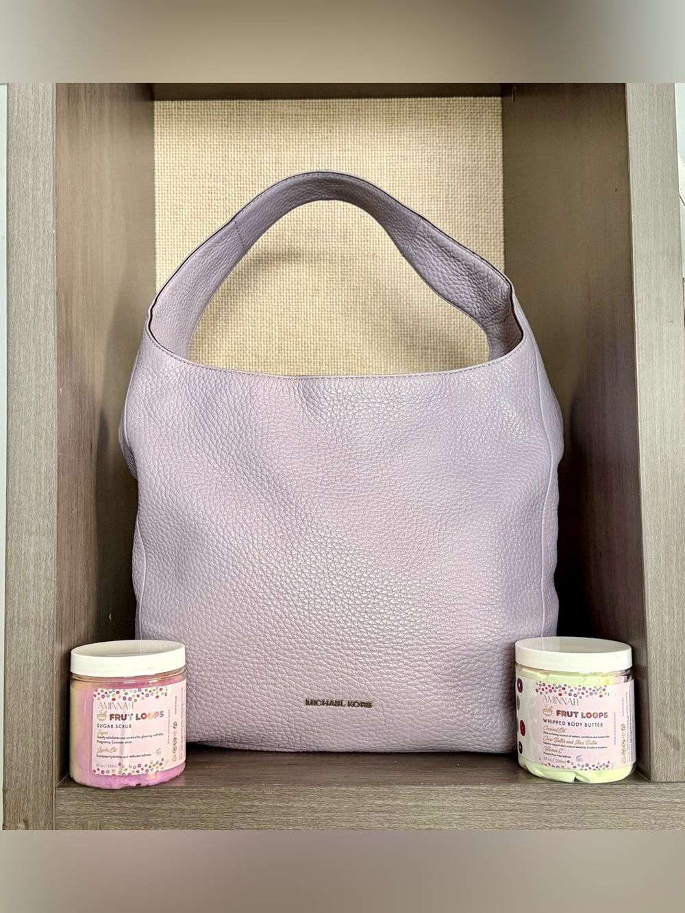 Michael Kors Lavender Leather Hobo & Aminnah Frut Loops Scrub Butter